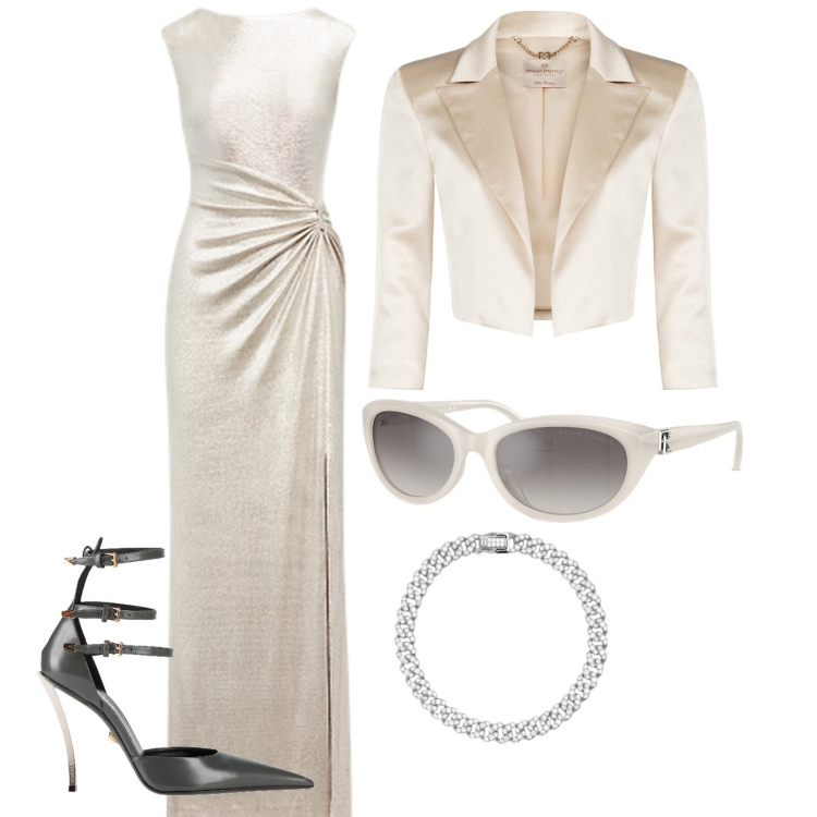 Outfit donna - Serata luminosa. Stile Glamour per Cerimonia. Abbinamento con décolleté, braccialetti, bolero, vestiti, occhiali da sole.