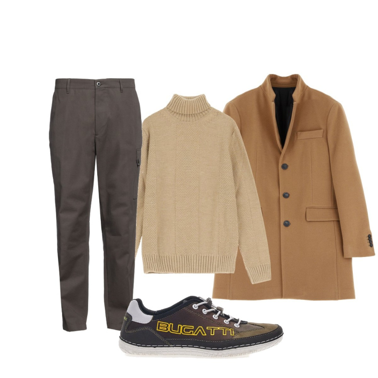 Outfit uomo - Cappotto classico cammello. Stile Trendy per Tutti i giorni. Abbinamento con pantaloni cargo, cappotti, maglieria, scarpe stringate.