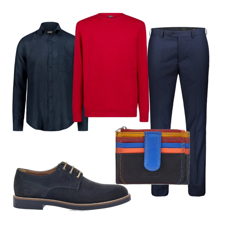 Outfit uomo - Il pullover rosso. Stile Trendy per Tutti i giorni. Abbinamento con portafogli, maglieria, scarpe stringate, pantaloni, camicie.