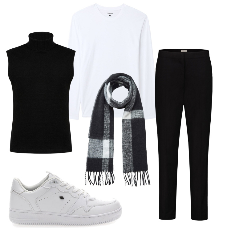 Outfit uomo - Black and White. Stile Trendy per Serata speciale. Abbinamento con sciarpe, maglieria, gilet, sneakers, pantaloni chino.