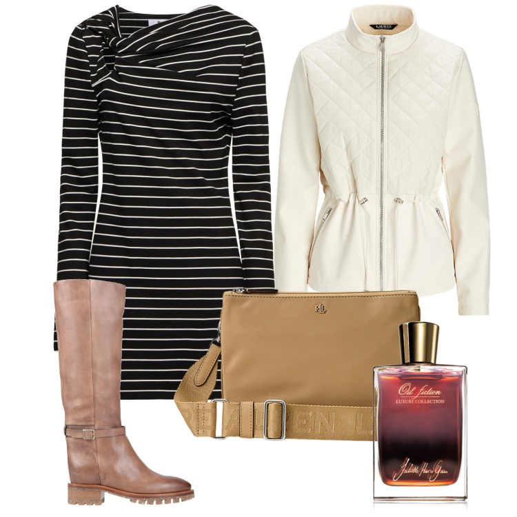 Outfit donna - Juliette. Stile Chic per Tutti i giorni. Abbinamento con stivali, profumi, borse a tracolla, giacche, vestiti.