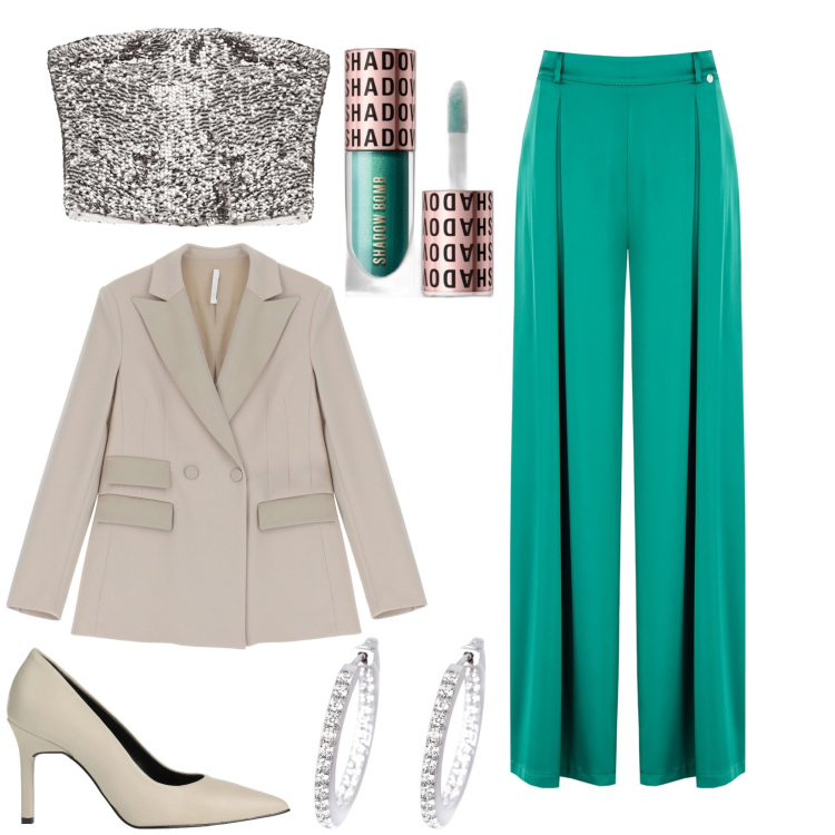 Outfit donna - Green and glow. Stile Casual chic per Serata fuori. Abbinamento con décolleté, ombretti, orecchini, pantaloni a palazzo, blazer, top.