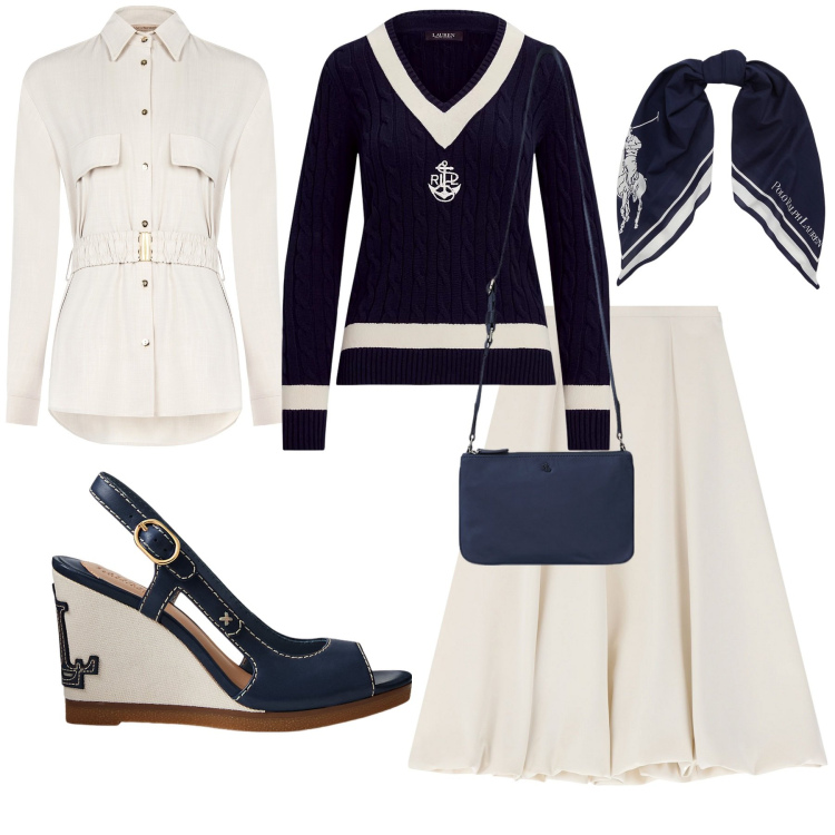 Outfit donna - Navy. Stile Sporty chic per Cerimonia. Abbinamento con blazer, gonne longuette, maglieria, sandali in pelle, borse a tracolla, sciarpe.