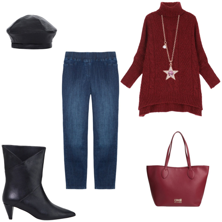 Outfit donna - Total look #2058640. Stile Casual per Tutti i giorni. Abbinamento con borse a spalla, collane, maglieria, cappelli e berretti, stivaletti, jeggings.