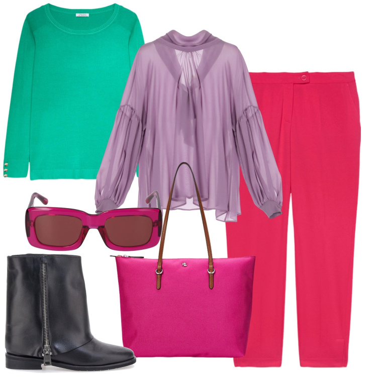 Outfit donna - Outfit colorati. Stile Casual chic per Tutti i giorni. Abbinamento con camicie, borse tote, stivaletti, occhiali da sole, pantaloni, maglieria.