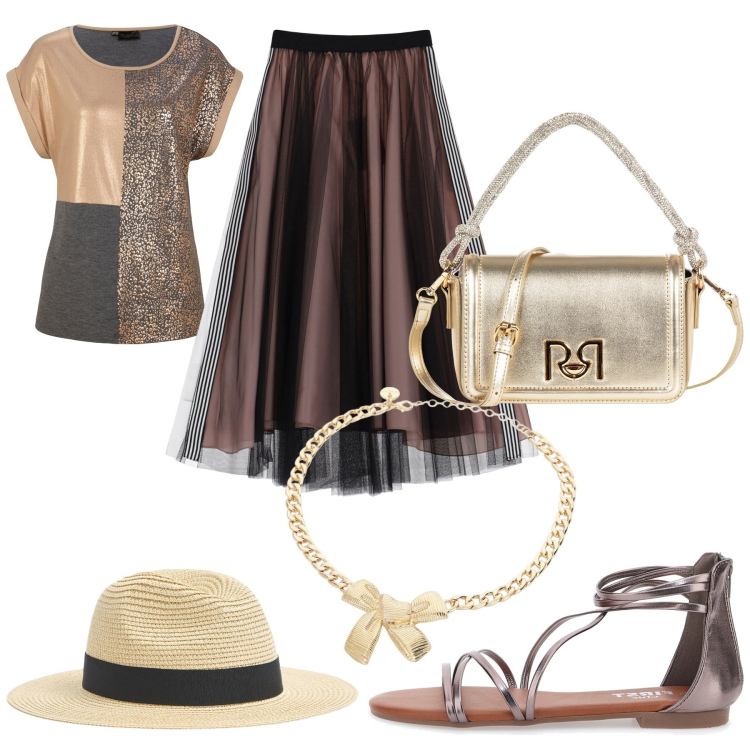 Outfit donna - Total look #2058646. Stile Bon Ton per Tutti i giorni. Abbinamento con maglieria, cappelli, borse a mano, gonne longuette, collane, sandali.
