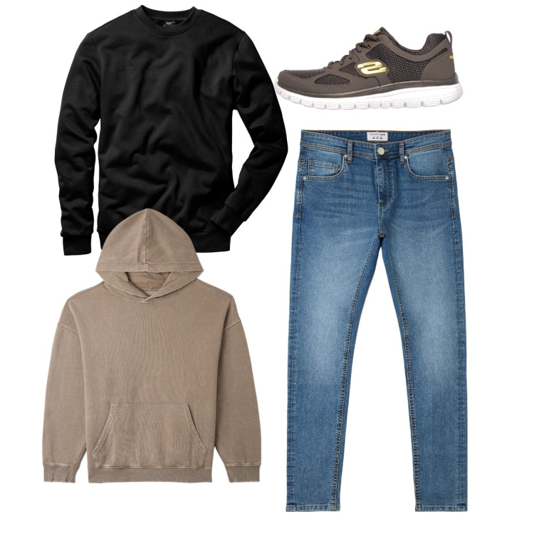 Outfit uomo - Felpa spago. Stile Casual per Tutti i giorni. Abbinamento con felpe, jeans skinny, felpe con cappuccio, sneakers.