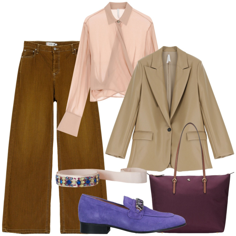 Outfit donna - Mocassino viola. Stile Casual chic per Ufficio. Abbinamento con mocassini, pantaloni, camicie, blazer, borse tote, cinture.