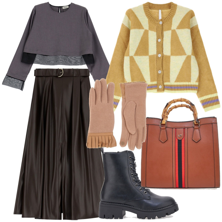 Outfit donna - Cardigan. Stile Chic per Ufficio. Abbinamento con gonne lunghe, cardigans, bluse, guanti, borse a tracolla, anfibi.