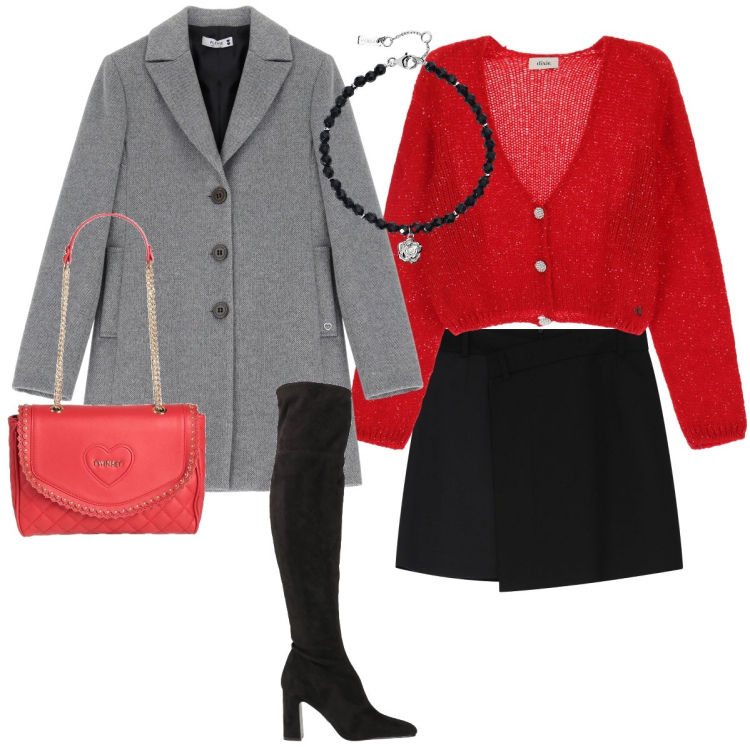 Outfit donna - Rosso energia. Stile Trendy per Ufficio. Abbinamento con stivali sopra il ginocchio, borse a mano, braccialetti, cappotti, minigonne, cardigans.
