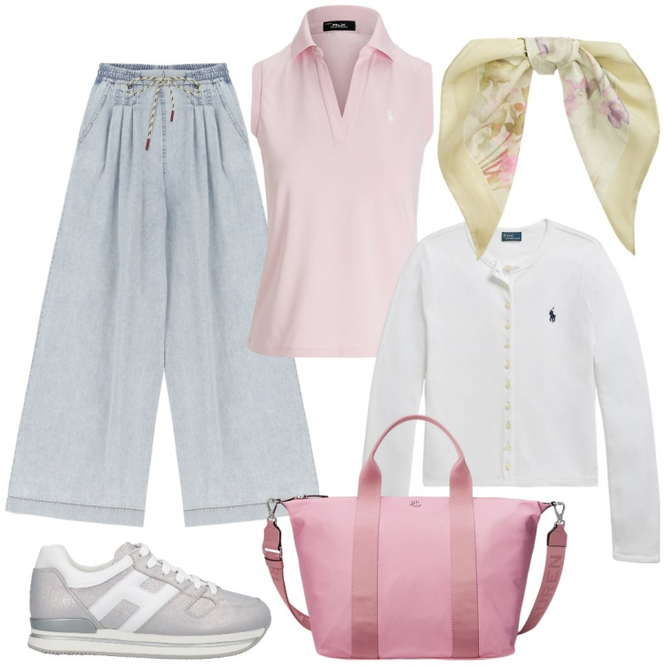 Outfit donna - Giornata libera. Stile Casual per Tutti i giorni. Abbinamento con sneakers, jeans, cardigans, foulard, borse tote, polo.