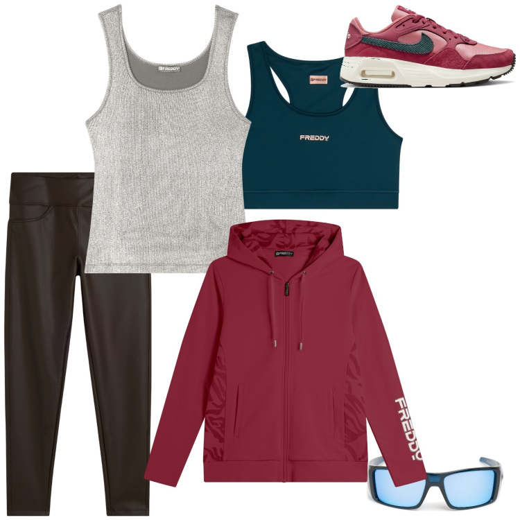 Outfit donna - RossoSport. Stile Sporty chic per Sport. Abbinamento con felpe con cappuccio, leggings, canottiere, reggiseni, sneakers, occhiali da sole.