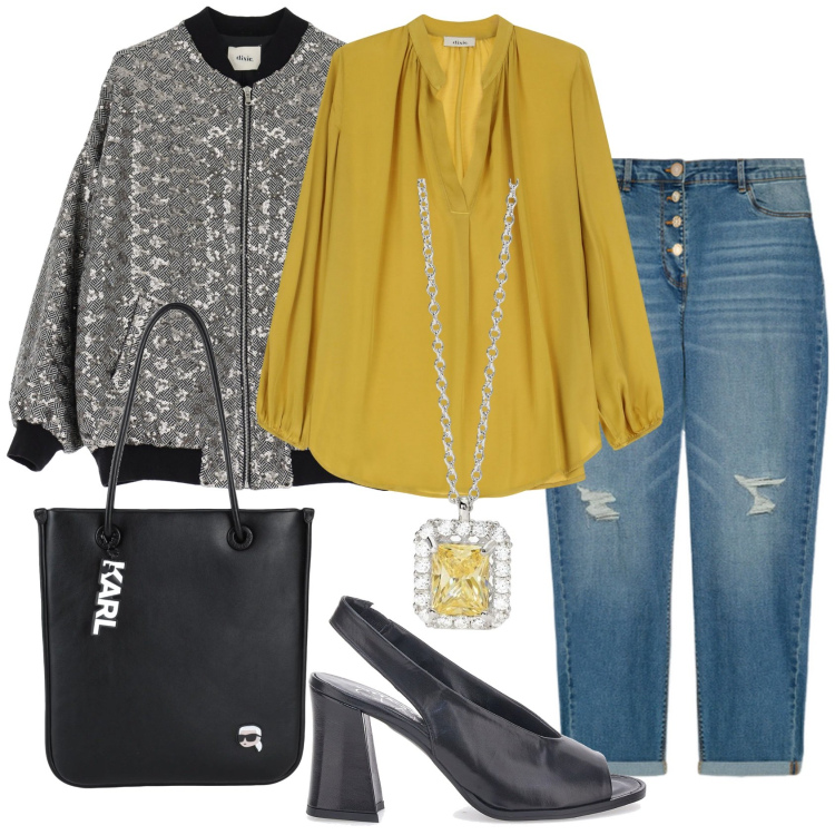 Outfit donna - Street style. Stile Urban per Tutti i giorni. Abbinamento con borse a spalla, collane, camicie, bomber, sandali in pelle, jeans strappati.