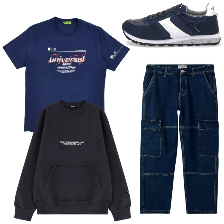 Outfit uomo - Blu blu. Stile Casual per Tutti i giorni. Abbinamento con jeans, felpe, sneakers, t-shirt.