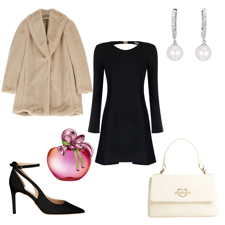 Outfit donna - Total look #2058679. Stile Bon Ton per Serata fuori. Abbinamento con borse a mano, profumi, orecchini, cappotti, décolleté, vestiti corti.