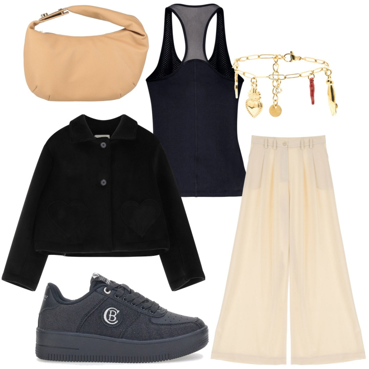 Outfit donna - Charms in vista. Stile Glamour per Tutti i giorni. Abbinamento con borse a mano, pantaloni, braccialetti, blazer, canottiere, sneakers.