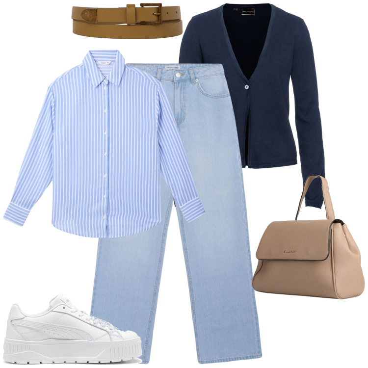 Outfit donna - City. Stile Casual chic per Tutti i giorni. Abbinamento con cardigans, zaini, camicie, jeans, cinture, sneakers.