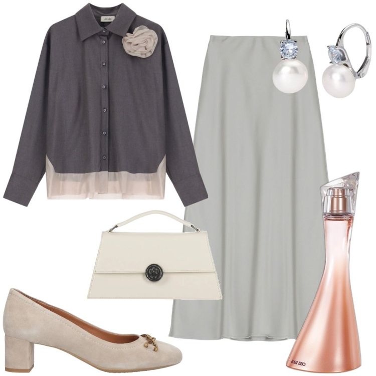 Outfit donna - Evento glamour. Stile Glamour per Serata fuori. Abbinamento con borse a mano, décolleté, profumi, orecchini, gonne lunghe, camicie.