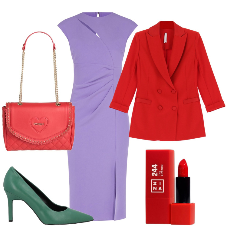 Outfit donna - Outfit colorati. Stile Glamour per Serata fuori. Abbinamento con borse a mano, décolleté, rossetti, vestiti midi/longuette, blazer.