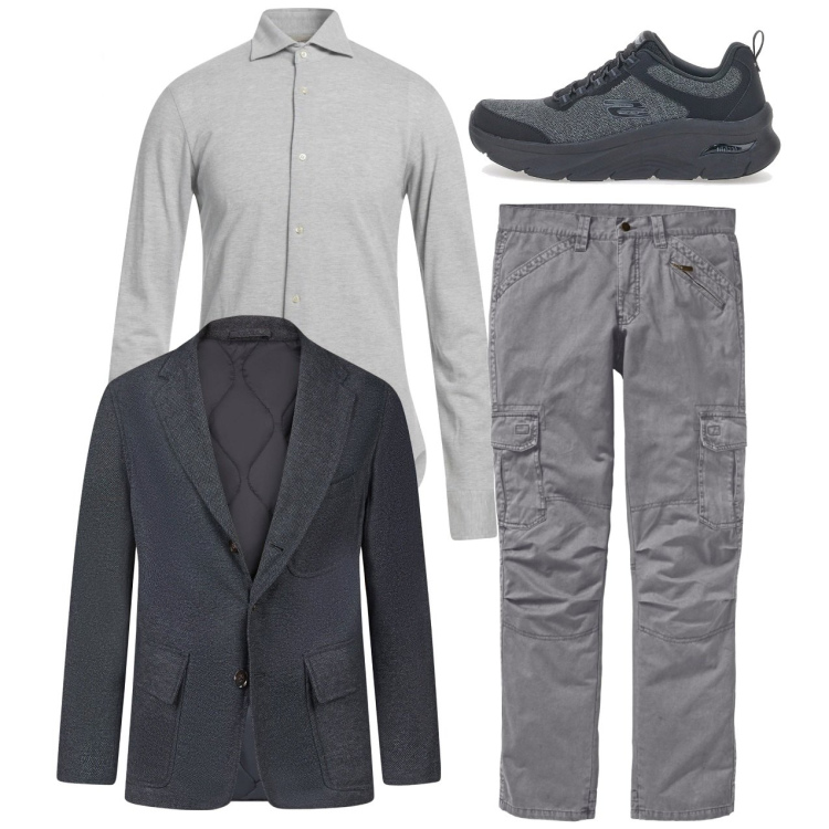 Outfit uomo - Grigio fumo. Stile Casual per Tutti i giorni. Abbinamento con pantaloni cargo, camicie, giacche, sneakers.