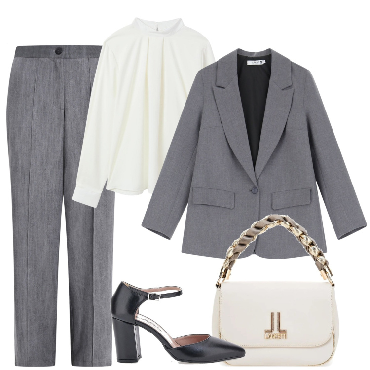 Outfit donna - City. Stile Minimal per Tutti i giorni. Abbinamento con bluse, pantaloni, blazer, borse a tracolla, décolleté.