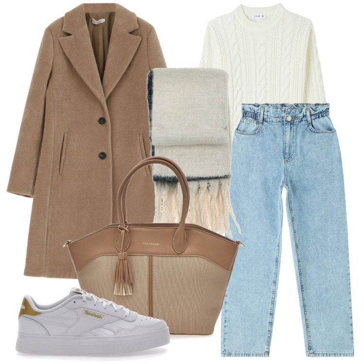 Outfit donna - Minimal in jeans e cappotto. Stile Minimal per Tutti i giorni. Abbinamento con jeans, maglieria, cappotti, sneakers, borse tote, sciarpe.