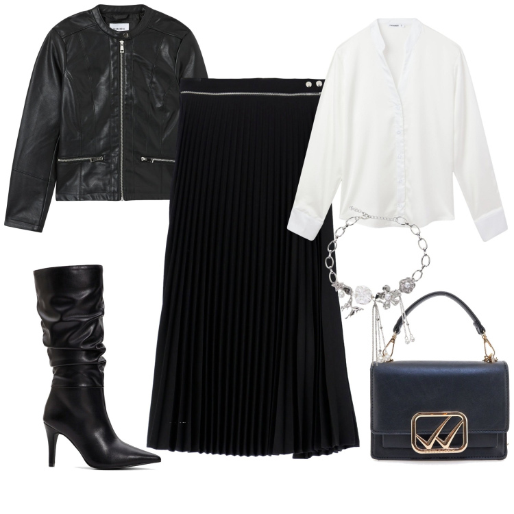 Outfit donna - City. Stile Trendy per Tutti i giorni. Abbinamento con stivali, blazer, camicie, collane, gonne, borse a tracolla.