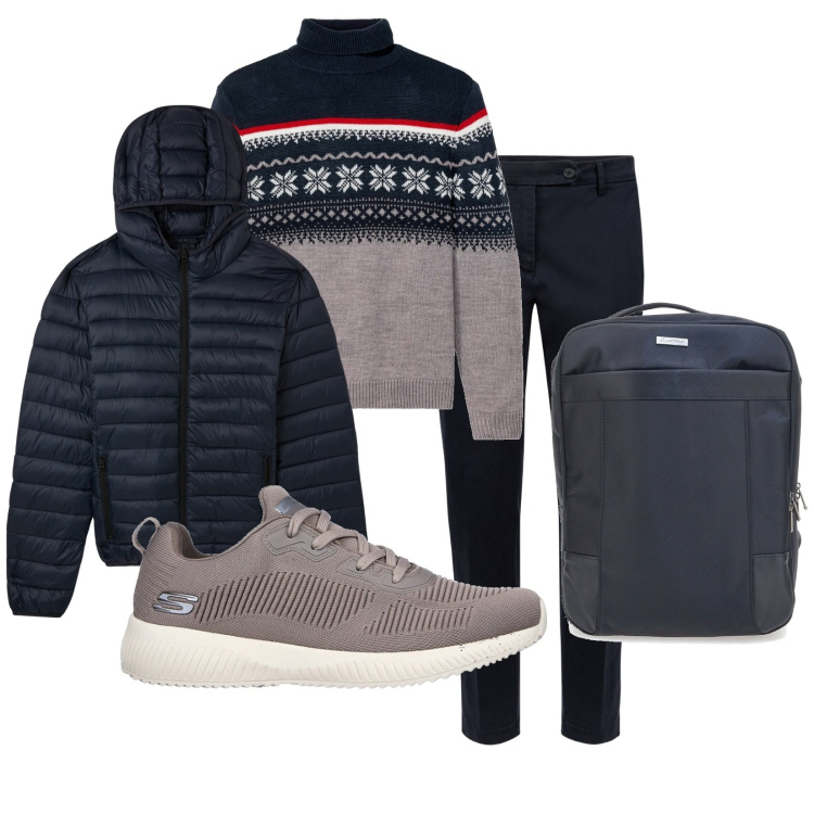 Outfit uomo - Giornate uggiose. Stile Urban per Tutti i giorni. Abbinamento con maglieria, giacche, sneakers, borse sportive, pantaloni chino.
