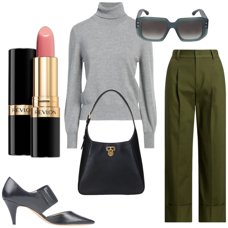 Outfit donna - Total look #2058726. Stile Casual chic per Tutti i giorni. Abbinamento con décolleté, maglieria, rossetti, borse a spalla, pantaloni, occhiali da sole.