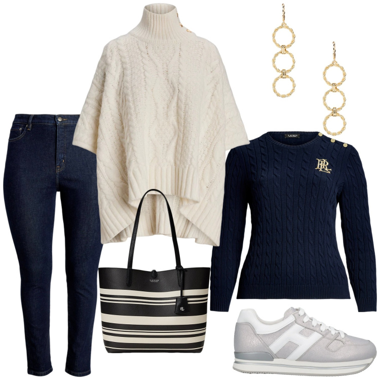Outfit donna - Total look #2058732. Stile Casual per Tutti i giorni. Abbinamento con sneakers, maglieria, jeans skinny, borse tote, cappotti, orecchini.