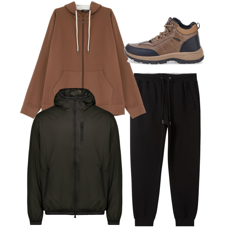 Outfit uomo - Carbone. Stile Urban per Tutti i giorni. Abbinamento con pantaloni, felpe con cappuccio, stivali e stivaletti, giacche.