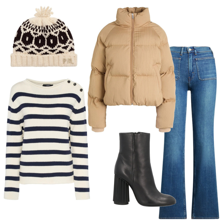 Outfit donna - Freddo in città. Stile Casual per Tutti i giorni. Abbinamento con stivaletti, piumini, berretti, jeans bootcut, maglieria.