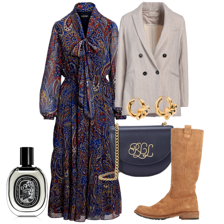 Outfit donna - Boho e chic. Stile Chic per Tutti i giorni. Abbinamento con stivali, blazer, profumi, borse a tracolla, vestiti, orecchini.