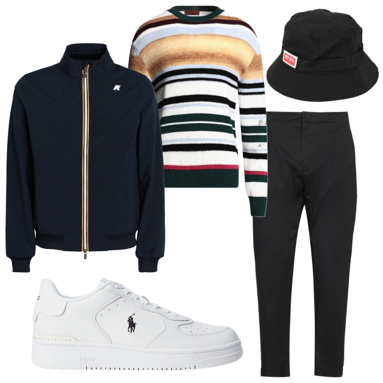 Outfit uomo - Domenica di pioggia. Stile Casual per Tutti i giorni. Abbinamento con pullovers, pantaloni chino, giacche, cappelli, sneakers.