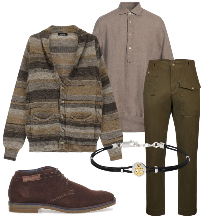 Outfit uomo - Mocha mousse. Stile Trendy per Serata speciale. Abbinamento con camicie a manica corta, braccialetti, cardigans, scarpe stringate, pantaloni.