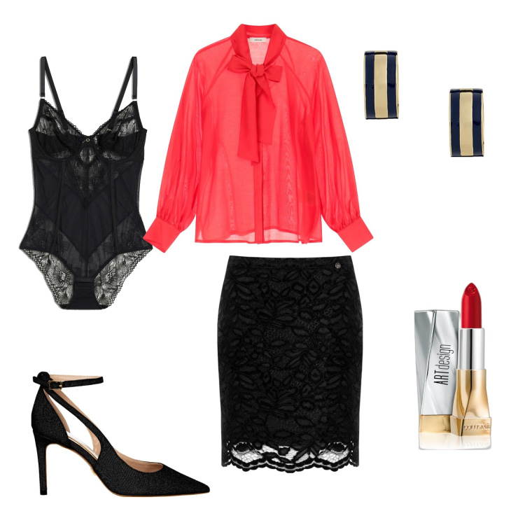 Outfit donna - Vedo non vedo. Stile Romantica per Serata fuori. Abbinamento con body, rossetti, camicie, décolleté, minigonne, orecchini.