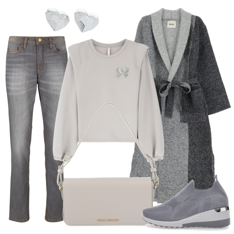 Outfit donna - Comfy chic. Stile Basic per Tutti i giorni. Abbinamento con jeans mom, borse a mano, felpe, cappotti, orecchini, sneakers.
