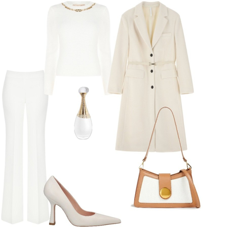 Outfit donna - Total white winter outfit. Stile Chic per Serata fuori. Abbinamento con borse a spalla, décolleté, profumi, maglieria, pantaloni a palazzo, cappotti.