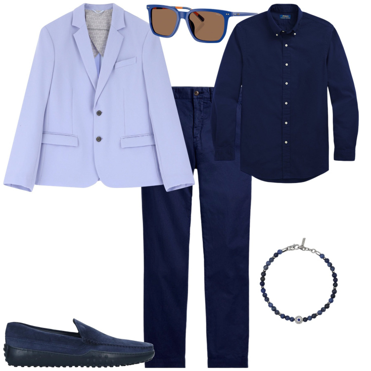 Outfit uomo - Total look #2058791. Stile Trendy per Ufficio. Abbinamento con scarpe stringate, braccialetti, giacche, pantaloni, occhiali da sole, camicie.
