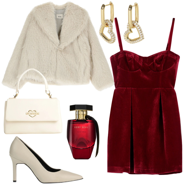 Outfit donna - San Valentino. Stile Glamour per Serata fuori. Abbinamento con décolleté, borse a mano, profumi, orecchini, vestiti corti, blazer.