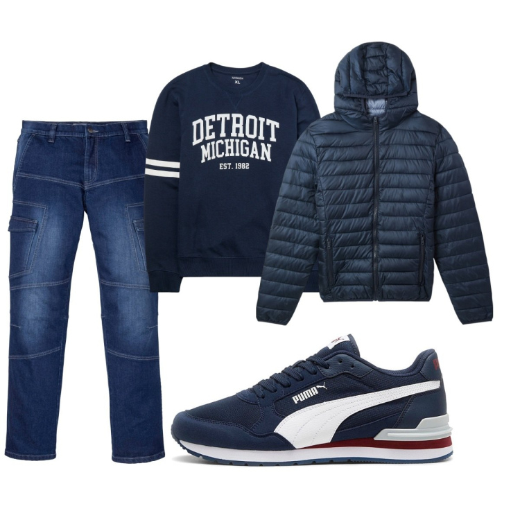 Outfit uomo - Total look #2058806. Stile Casual per Tutti i giorni. Abbinamento con jeans dritti, piumini, felpe, sneakers.