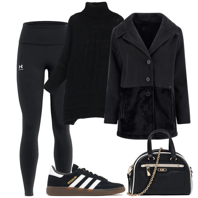 Outfit donna - Total black. Stile Casual per Tutti i giorni. Abbinamento con borse a mano, maglieria, cappotti, leggings, sneakers.