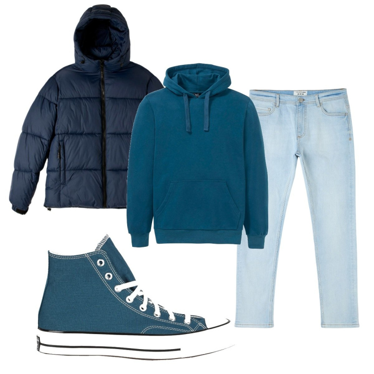 Outfit uomo - Total look #2058822. Stile Casual per Tutti i giorni. Abbinamento con felpe con cappuccio, sneakers alte, jeans skinny, piumini.