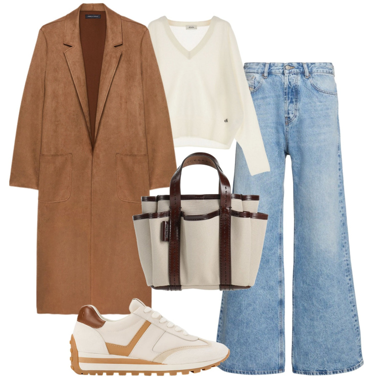 Outfit donna - City. Stile Urban per Tutti i giorni. Abbinamento con borse a mano, pullovers, sneakers, trench, jeans.