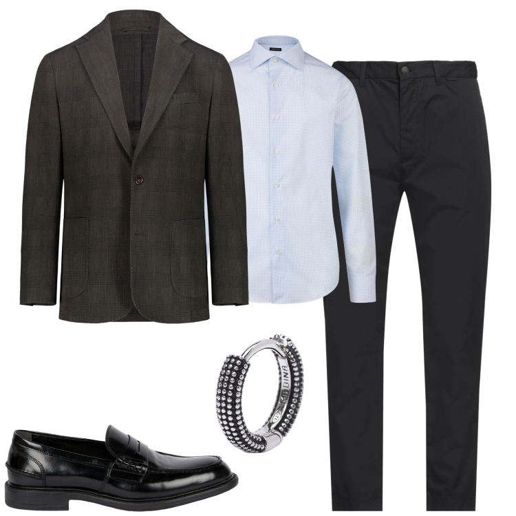 Outfit uomo - City. Stile Business/Elegante per Tutti i giorni. Abbinamento con pantaloni, orecchini, giacche, scarpe stringate, camicie.