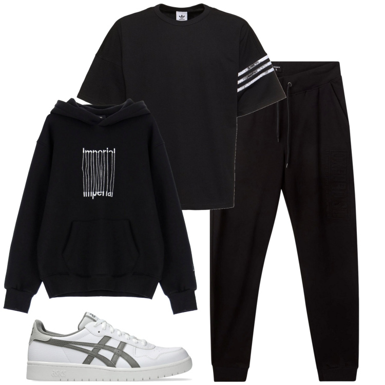 Outfit uomo - City. Stile Casual per Tutti i giorni. Abbinamento con pantaloni sportivi, felpe con cappuccio, sneakers, t-shirt.