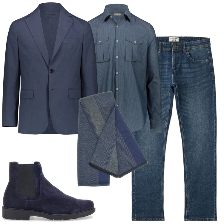 Outfit uomo - Blu casual chic. Stile Casual per Tutti i giorni. Abbinamento con jeans, camicie, sciarpe, giacche, stivali e stivaletti.