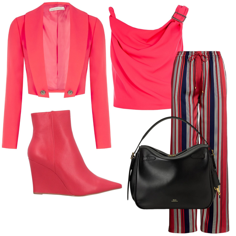 Outfit donna - Rosso fuoco. Stile Trendy per Serata fuori. Abbinamento con stivaletti, top, bolero, borse a mano, pantaloni.