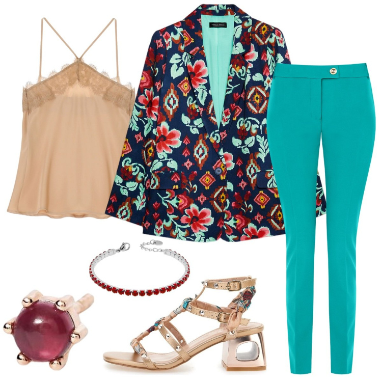 Outfit donna - Pomeriggio di primavera. Stile Romantica per Tutti i giorni. Abbinamento con orecchini, pantaloni, top, braccialetti, sandali col tacco, blazer.