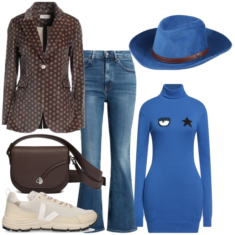 Outfit donna - Total look #2058848. Stile Urban per Tutti i giorni. Abbinamento con maglieria, blazer, cappelli, jeans, sneakers, borse a tracolla.